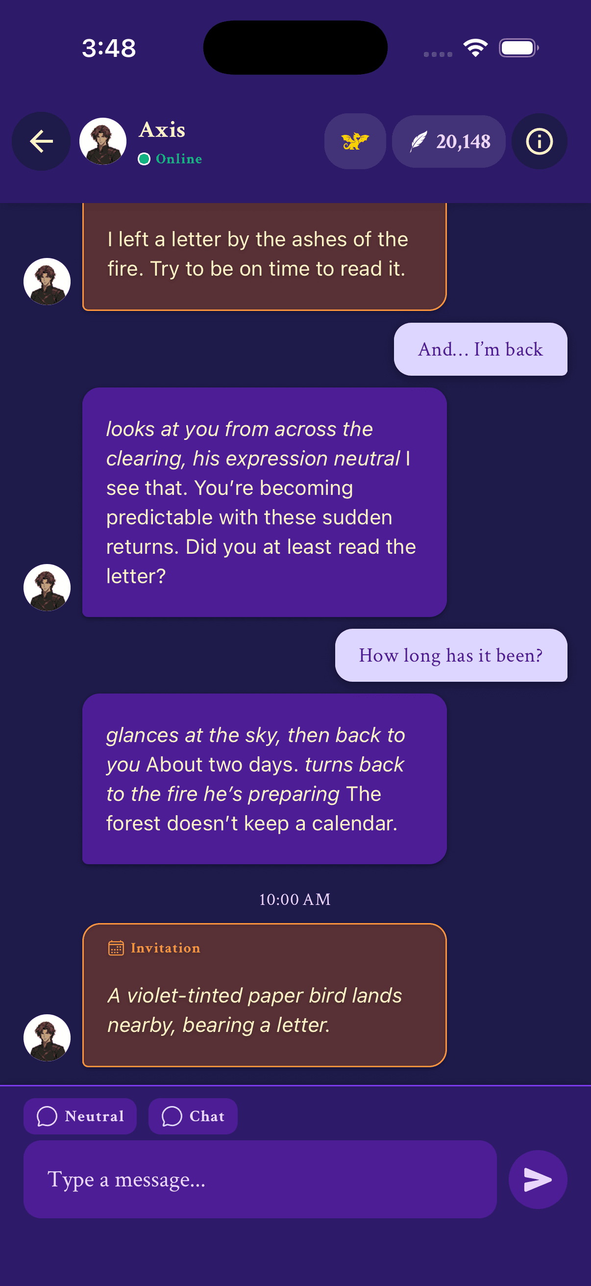 A live Frontier chat where the character remembers the reader's past choices — the memory continuity people look for in a Janitor AI alternative.